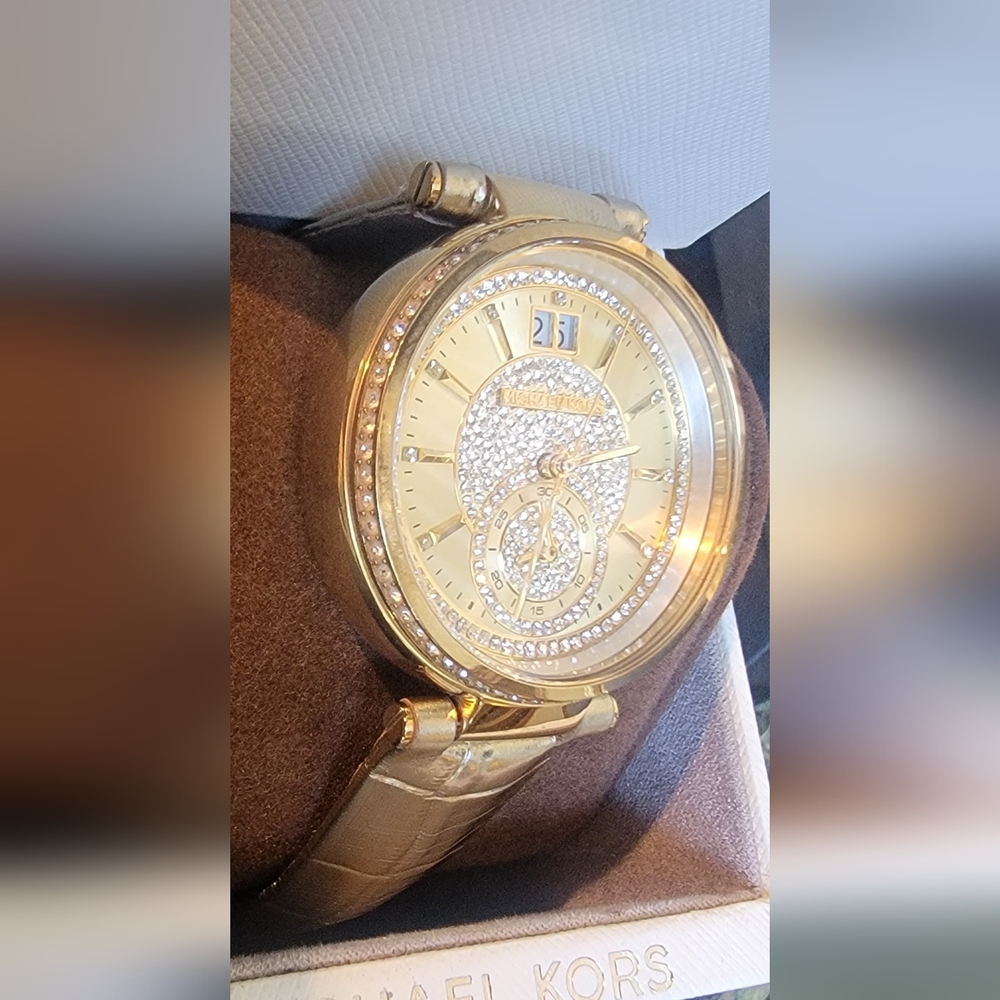 MICHAEL KORS GOLD Crystal Bezel Ladies Watch GOLD Leather Snake Strap Box $325 - Picture 4 of 13